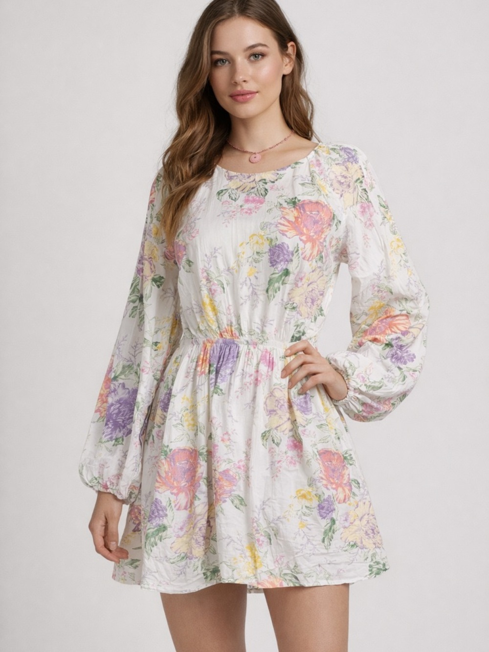 H&M White Mini Dress with Pastel Floral Print Cottagecore open back